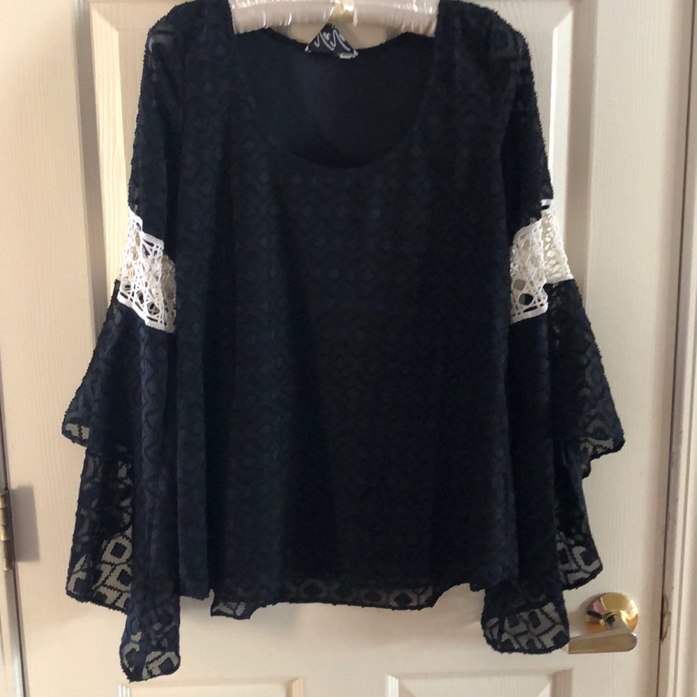 Black bell sleeve lace inserts BoHo peasant top